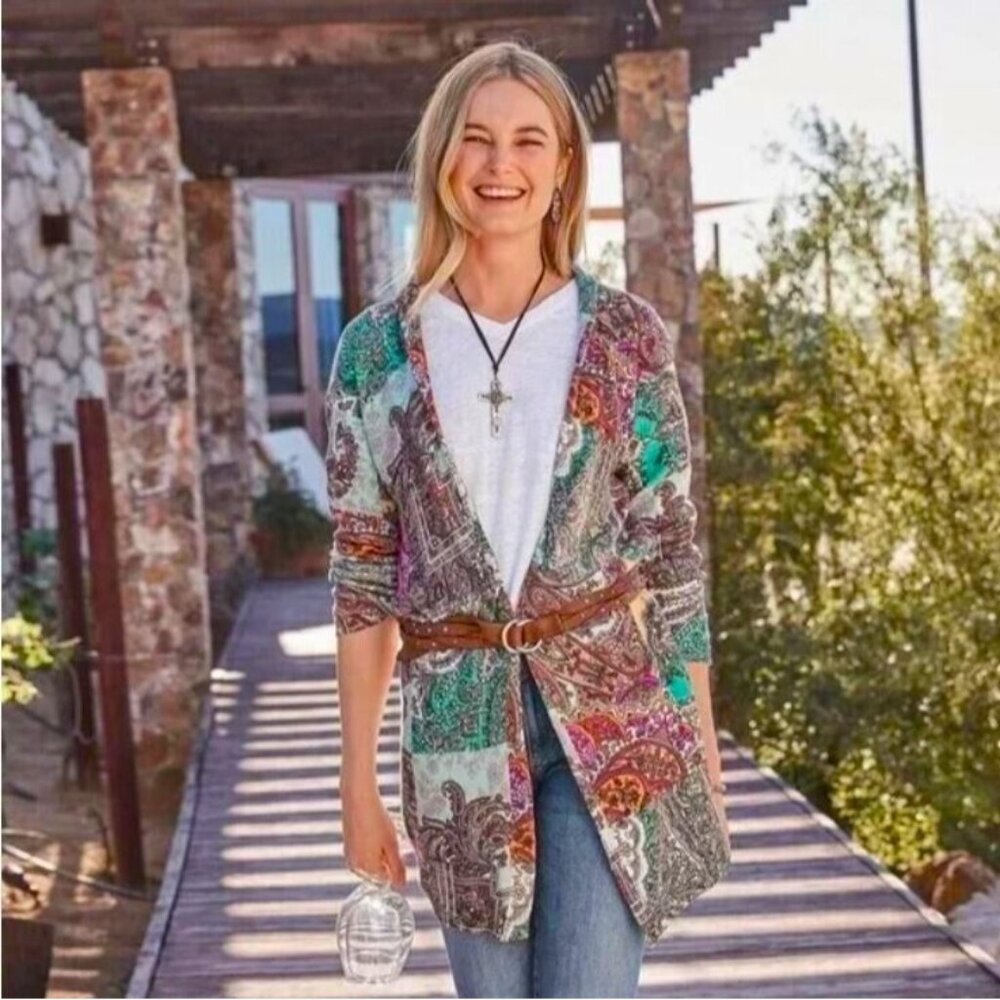 Sundance Impressions Paisley Boho Long Cardigan Sweater Size Medium Belted